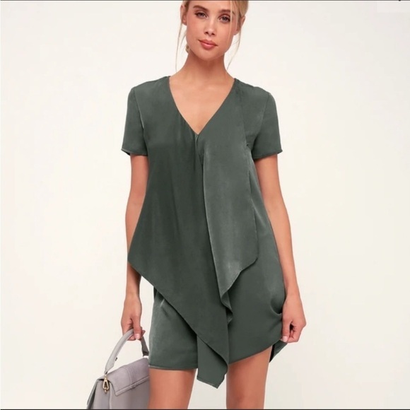 Lulu's Dear Friend Drape Front Shift Dress Gray Green Size Small - Picture 1 of 8
